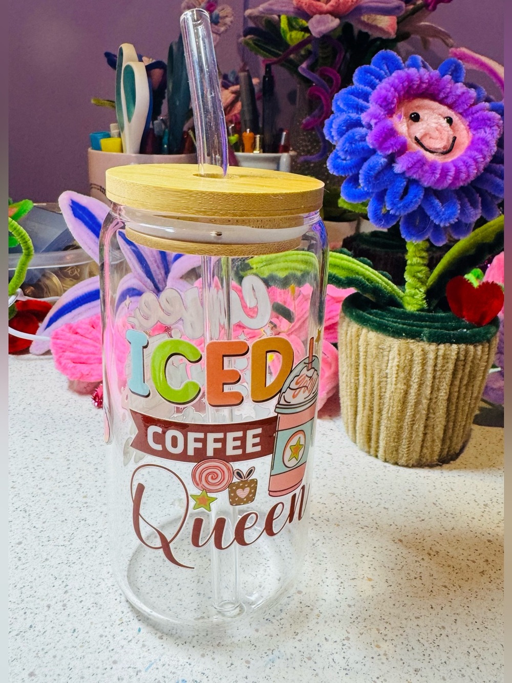 Iced Coffee glass tumbler with Bamboo lid & straw .